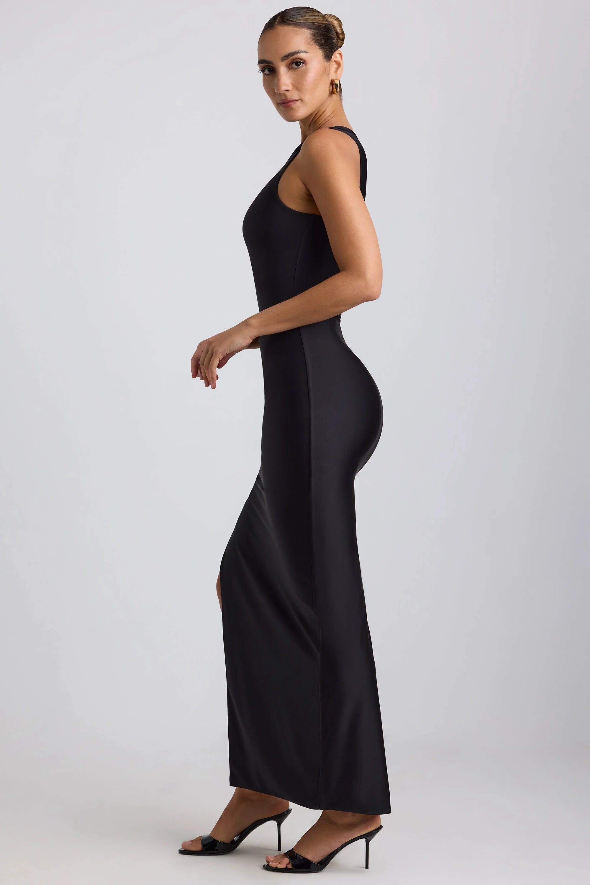 Ruched Asymmetric One-Shoulder Maxi Dress in Black