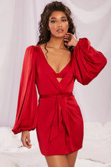 Satin Balloon Sleeve Robe in Red