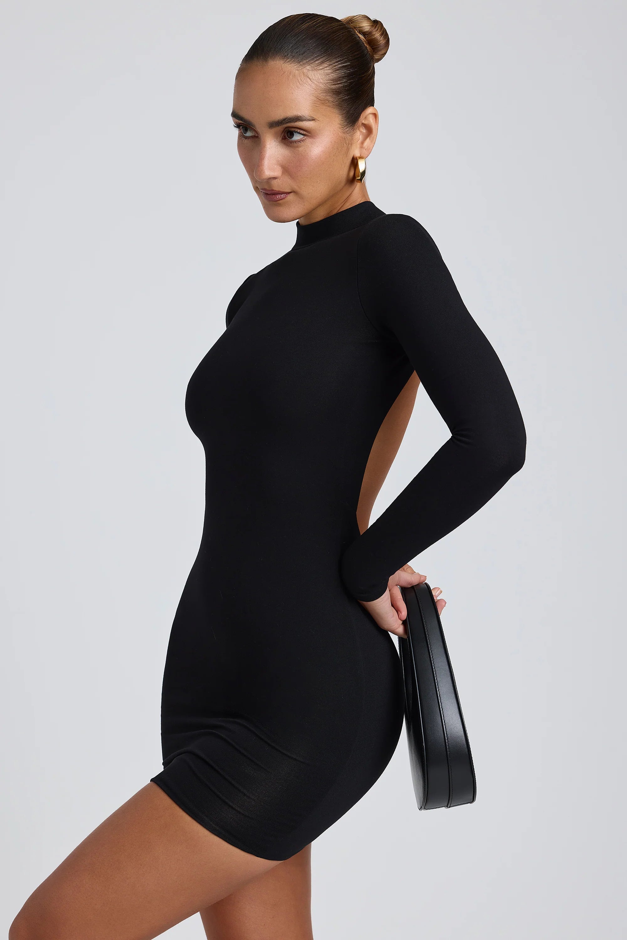 Modal Open-Back Long-Sleeve Mini Dress in Black