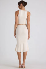 Modal Bow-Embellished Mid-Rise Midi Skirt in Ivory