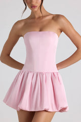 Lace-Up Bubble Hem Corset Mini Dress in Soft Pink