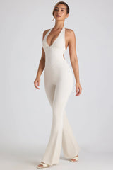 Petite Modal Lace-Trim Cut-Out Flared Jumpsuit in Ivory