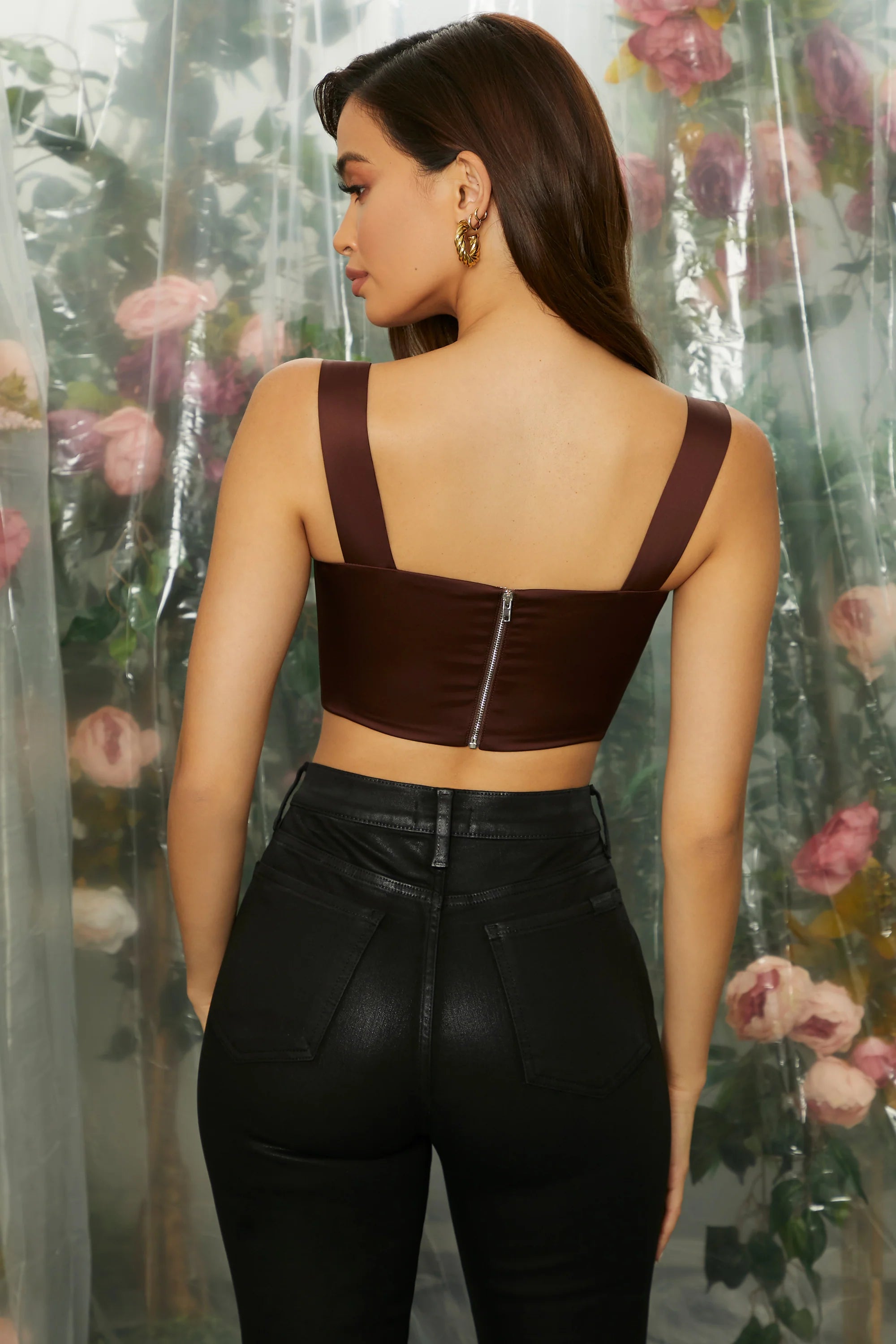 Curved Bust Bustier Crop Top In Brown