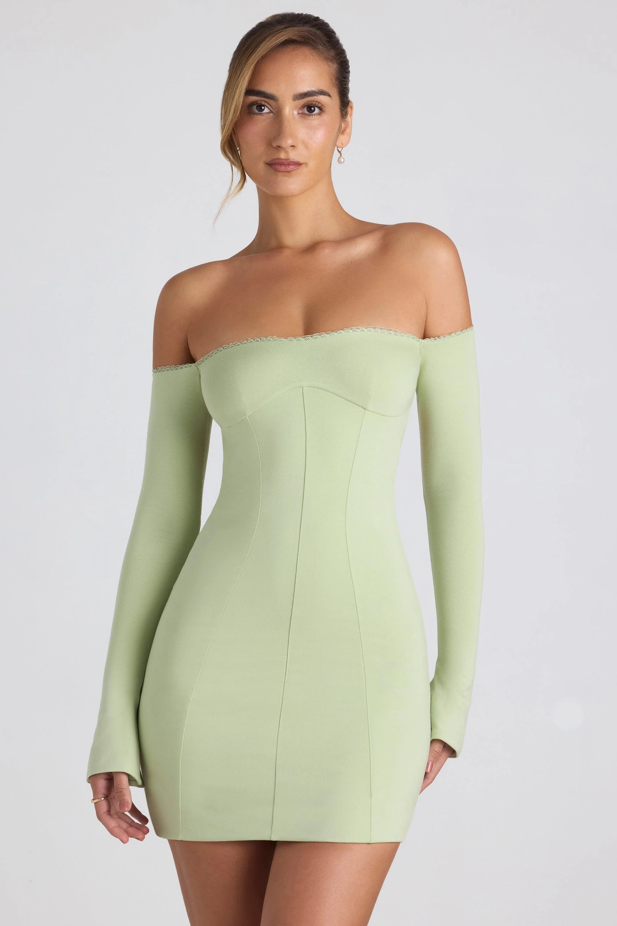 Modal Off-Shoulder Lace-Trim Mini Dress in Spring Green