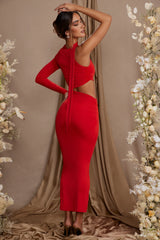 Single Sleeve Cut Out Maxi Dress in Red