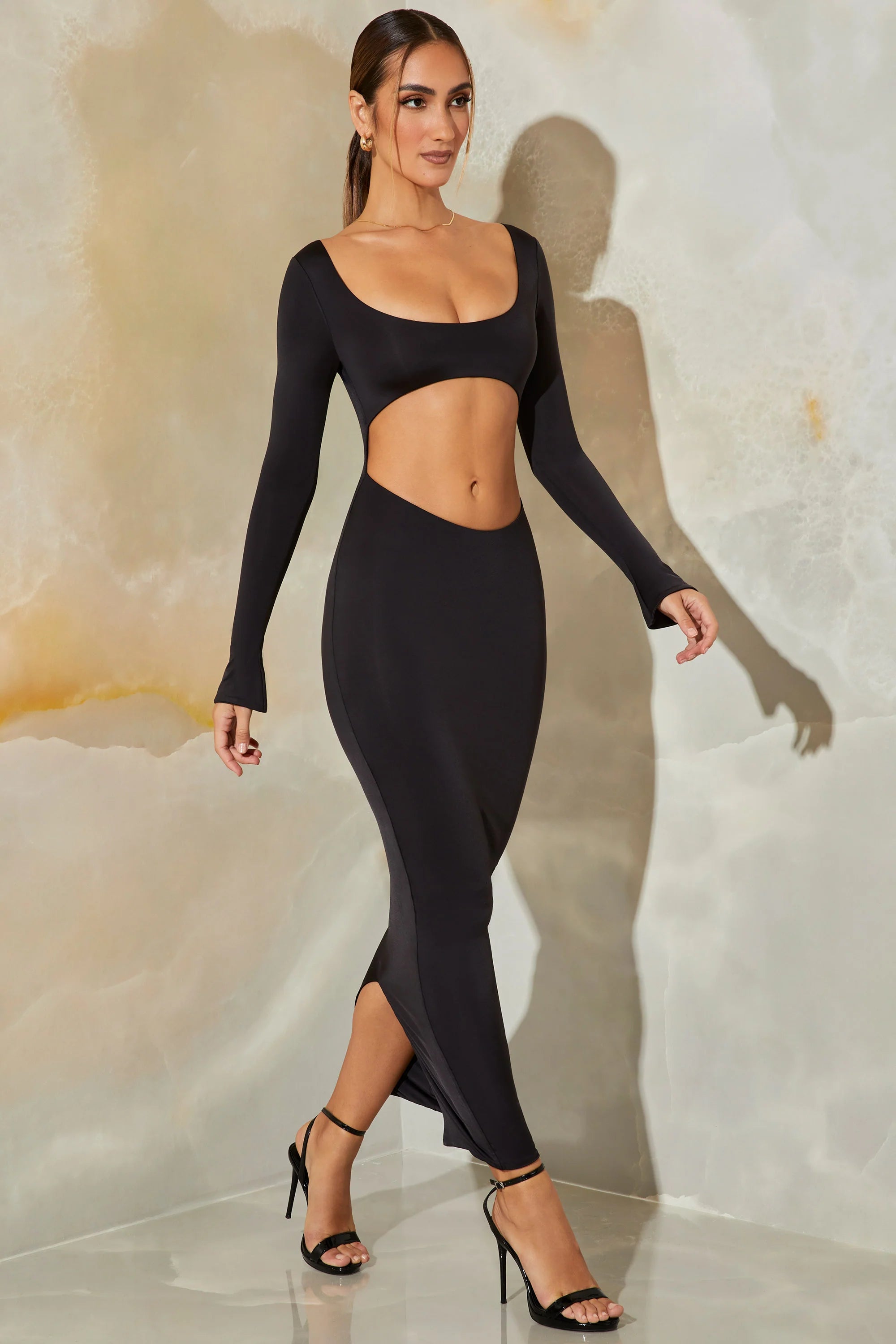 Long Sleeve Cut Out Maxi Dress in Black