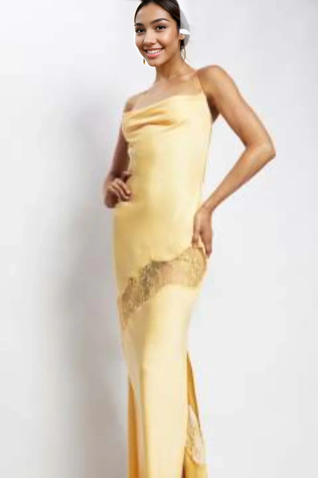 Chandra Lace Detail Satin Maxi Dress - Lemon