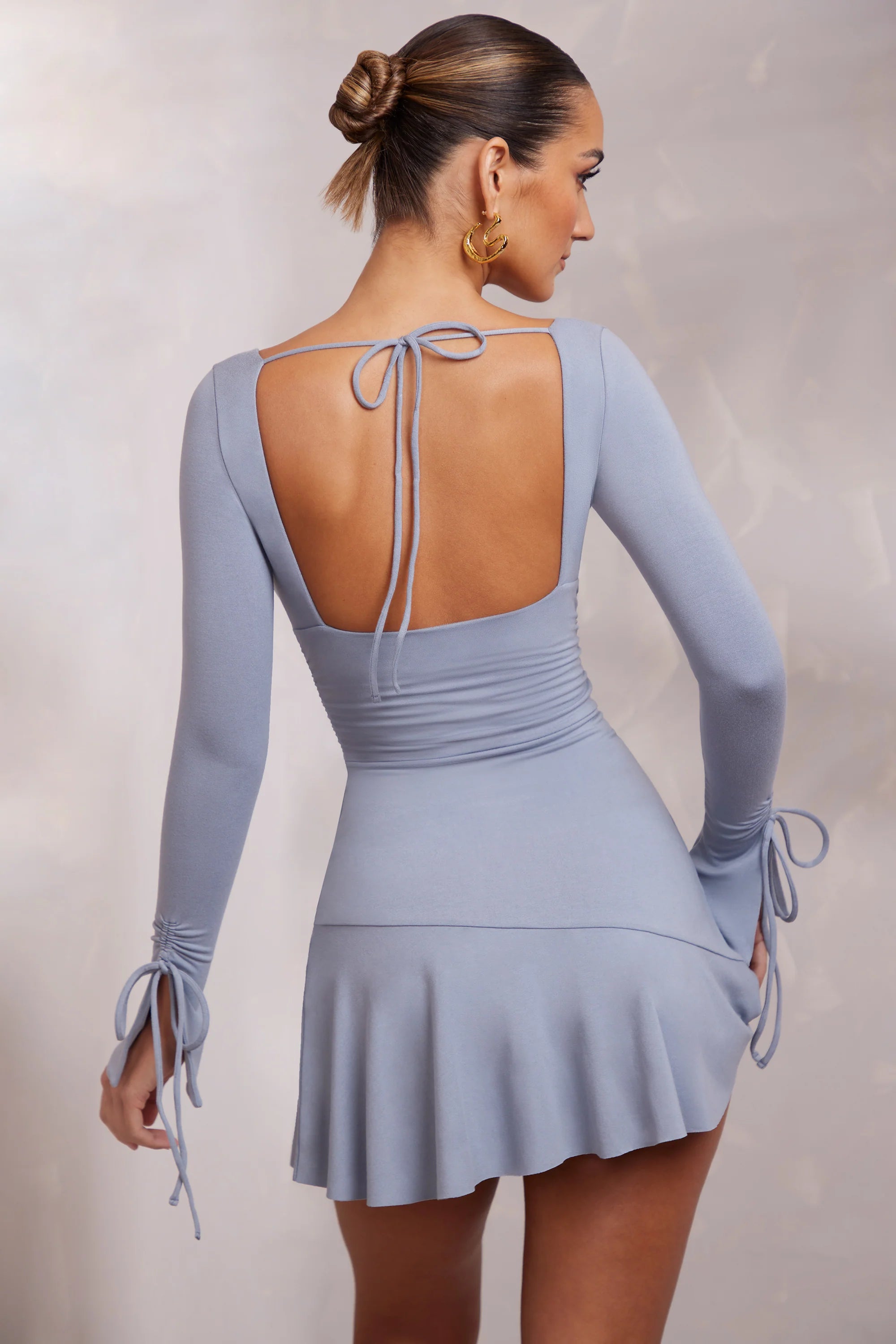 Long Sleeve Ruched A-Line Mini Dress in Blue