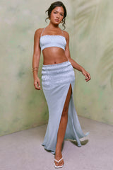 Shirred Thigh High Split Mid Rise Maxi Skirt in Sky Grey