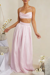 Pleated Heavy Satin Maxi Skirt in Pink