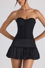 Ruched Lace-Up Strapless Corset Top in Black