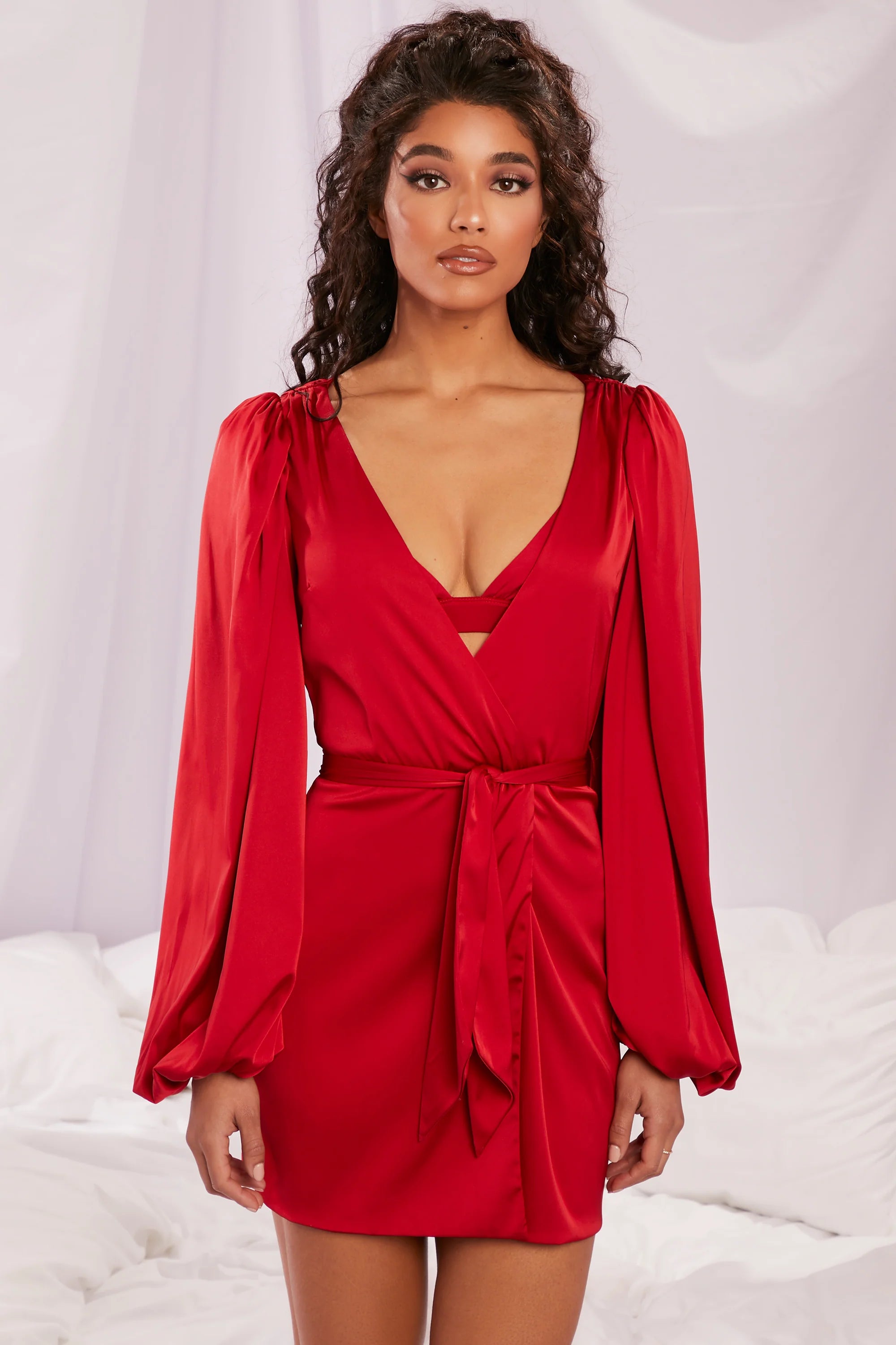 Satin Balloon Sleeve Robe in Red