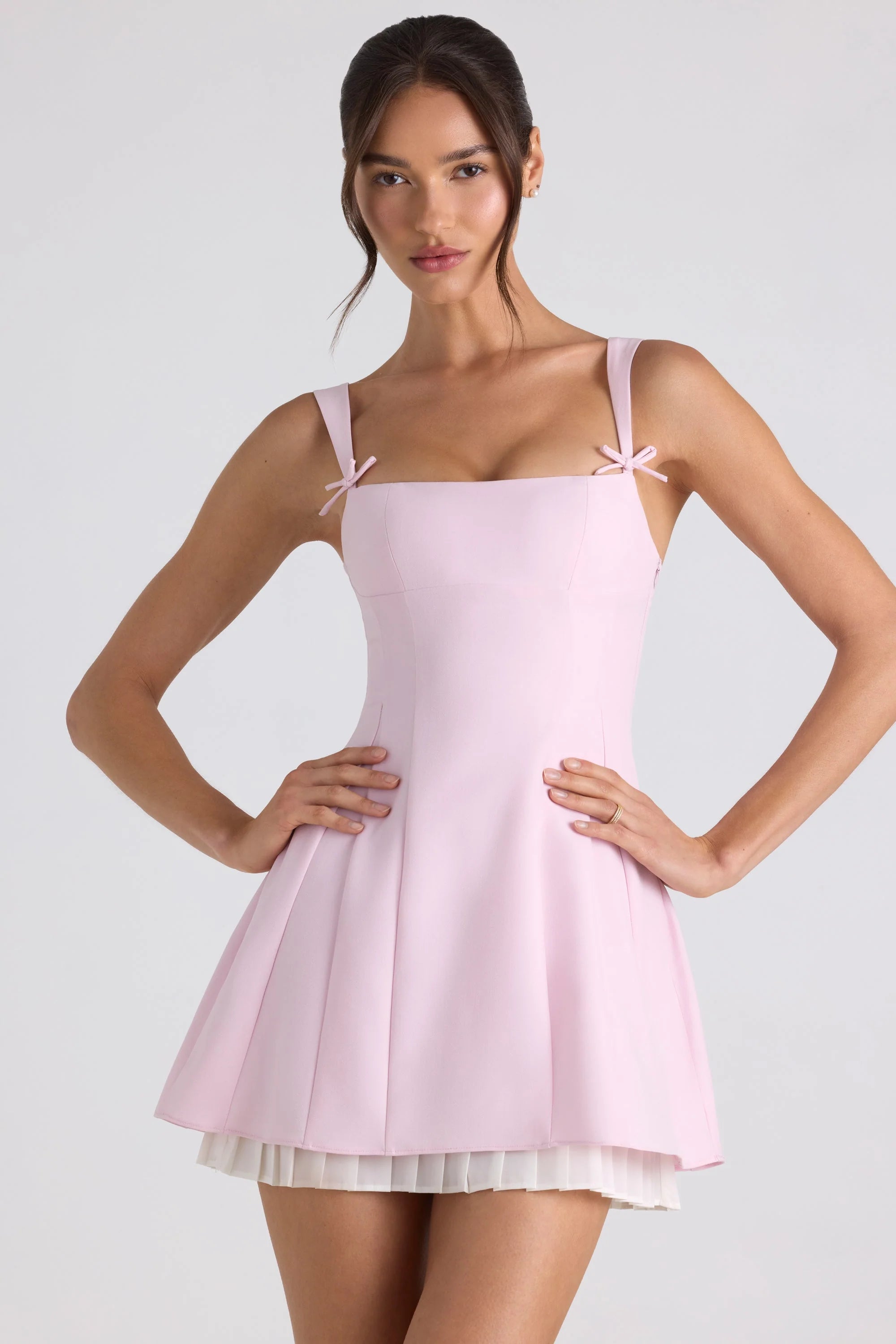 Bow-Embellished Pleated A-Line Mini Dress in Soft Pink