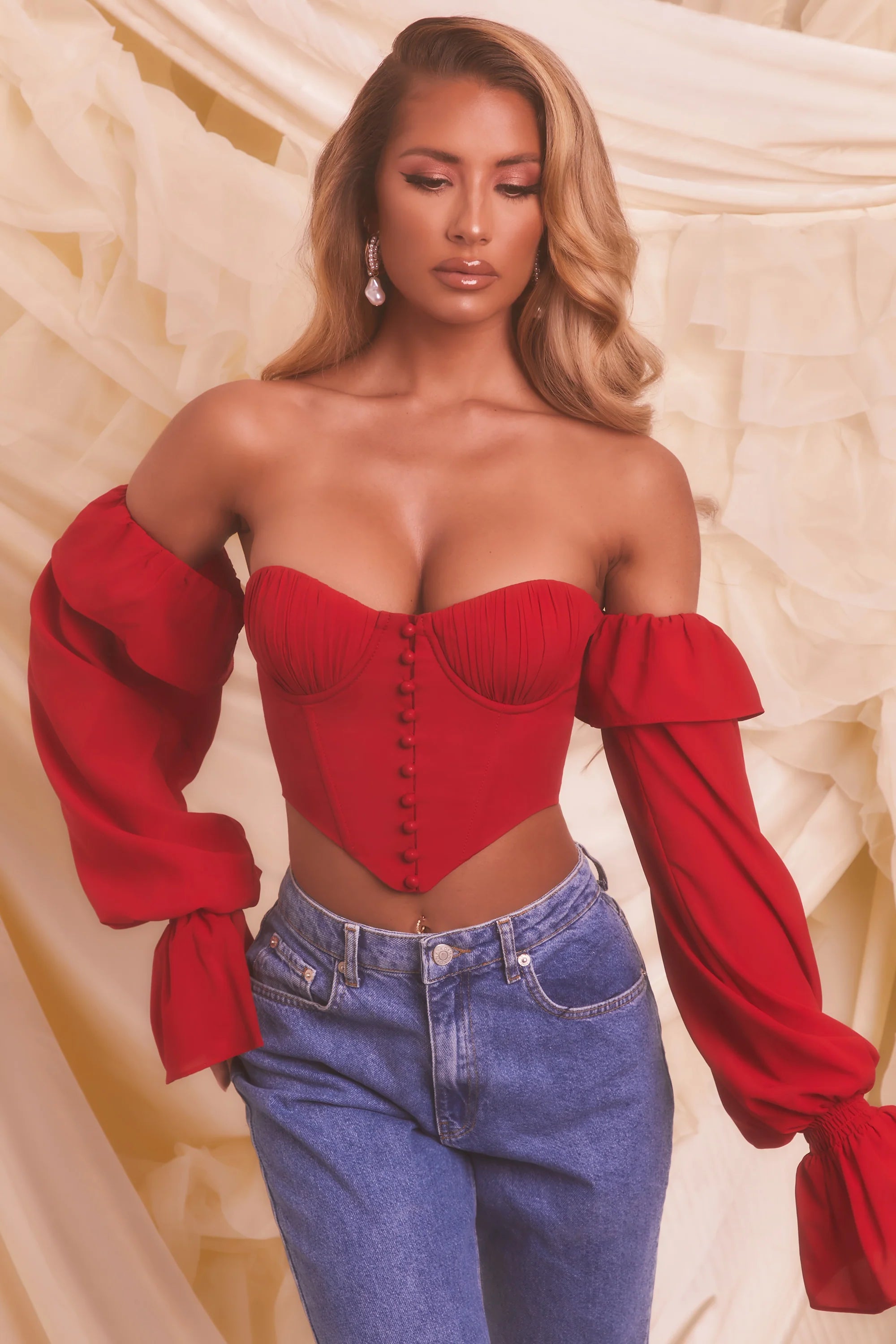 Chasing Love Bardot Long Sleeve Crop Top in Red