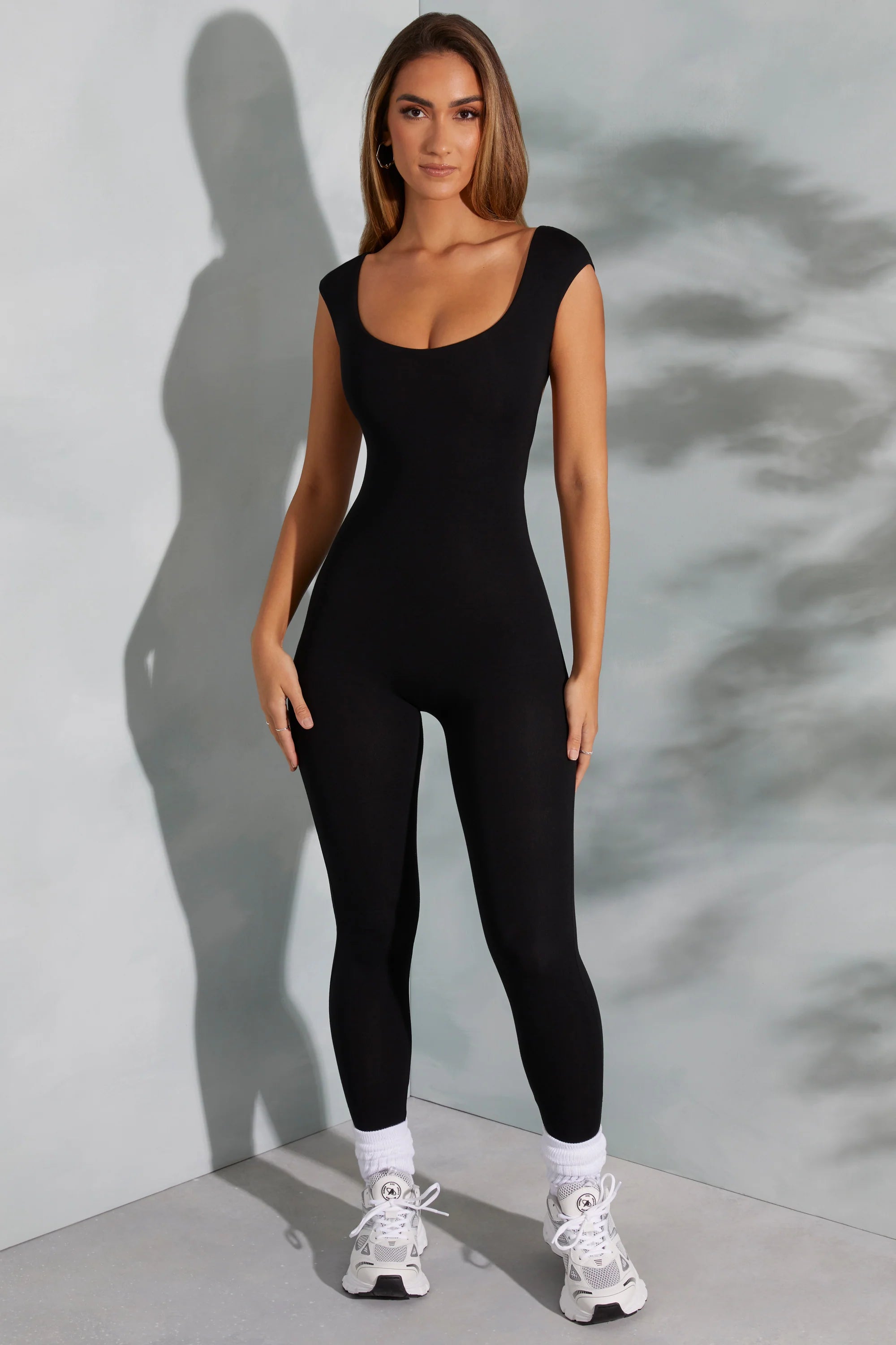 Open Back Scoop Neck Jumpsuit in Black