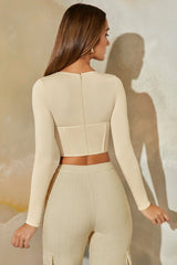 Long Sleeve Corset Crop Top in Stone