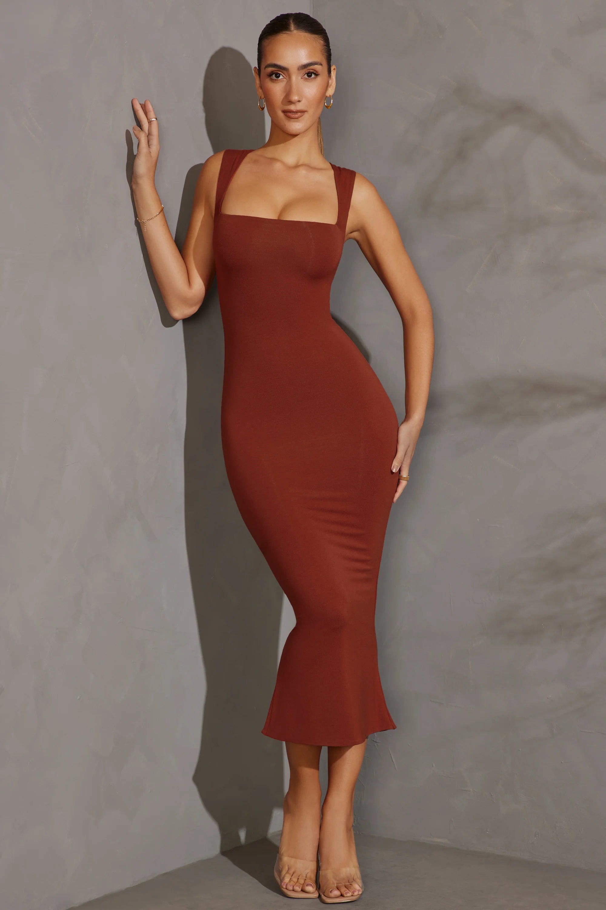 Square Neck Midi Dress in Brick