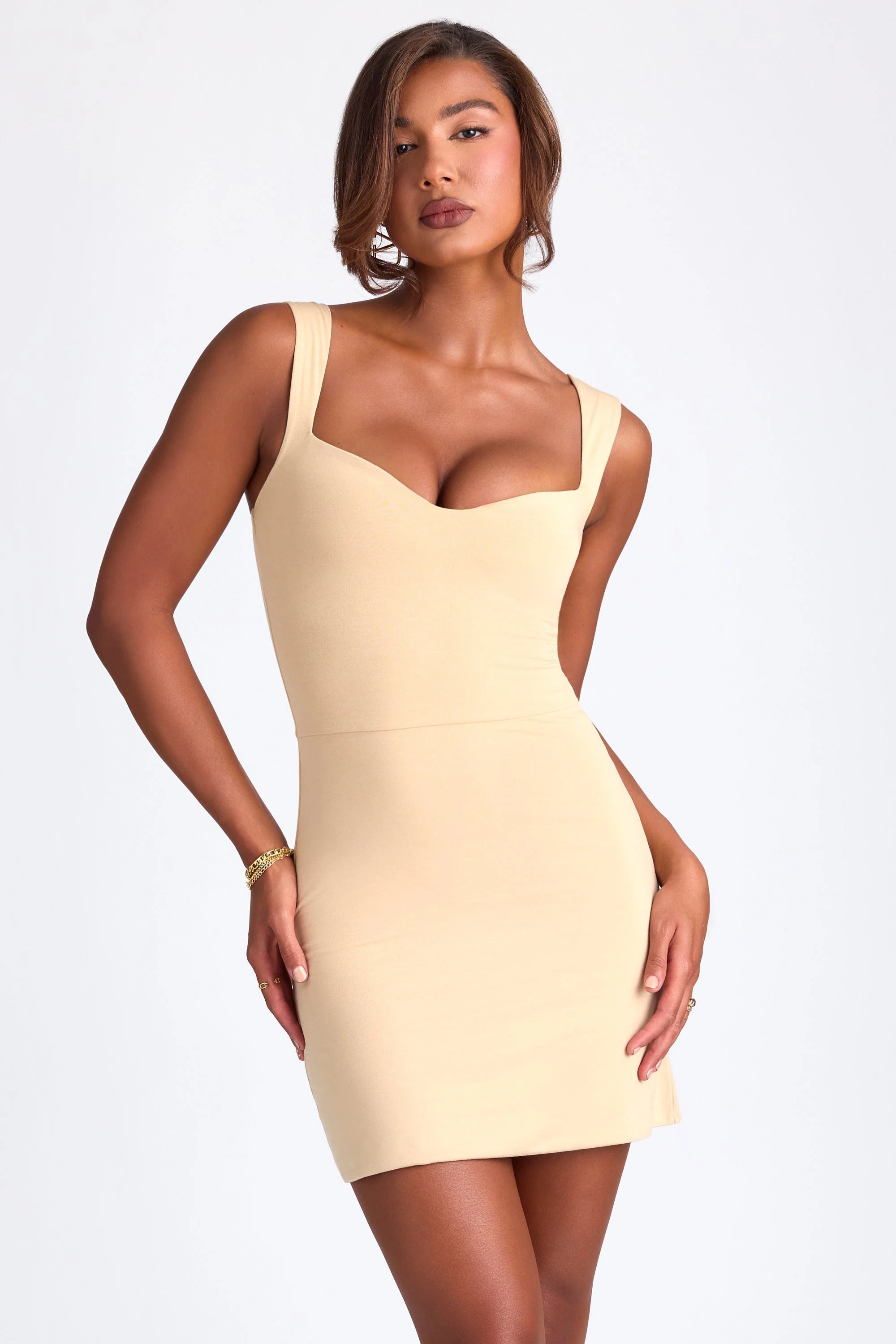 Modal Sweetheart Neckline A-Line Mini Dress in Sand