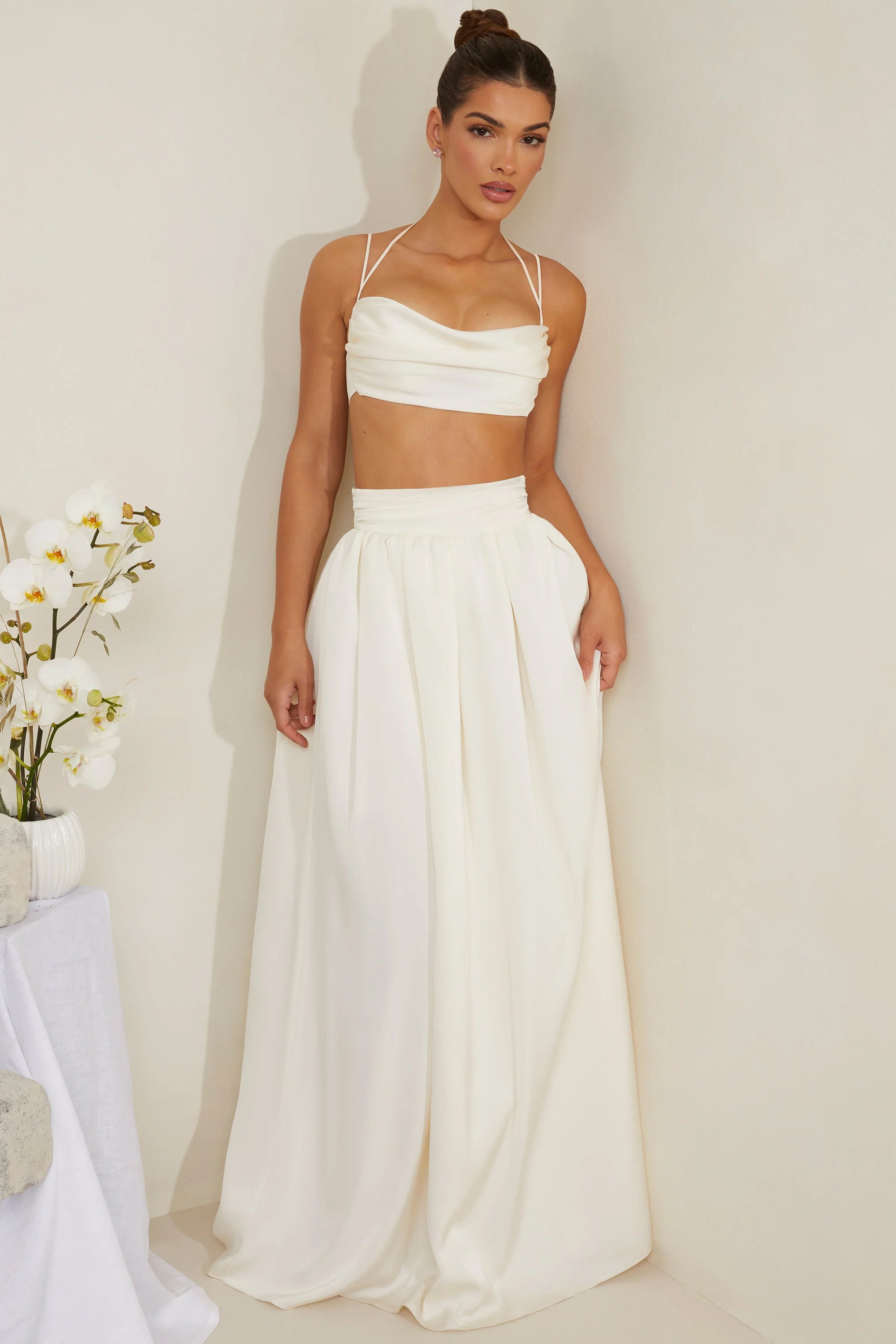 Cowl Neck Heavy Satin Crop Top in White