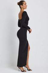 Modal Plunge Neck Long Sleeve Maxi Dress in Black