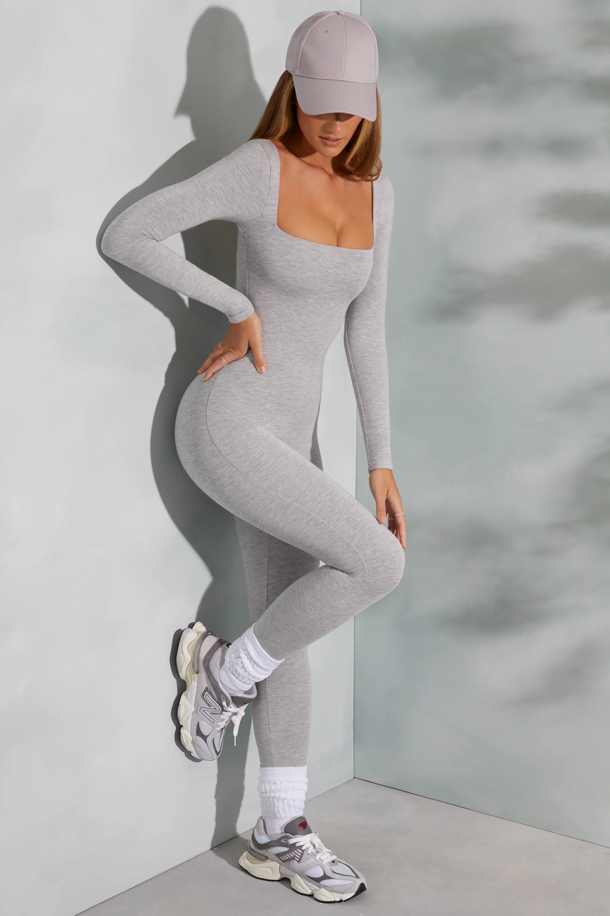 Square Neck Long Sleeve Jumpsuit in Marled Grey