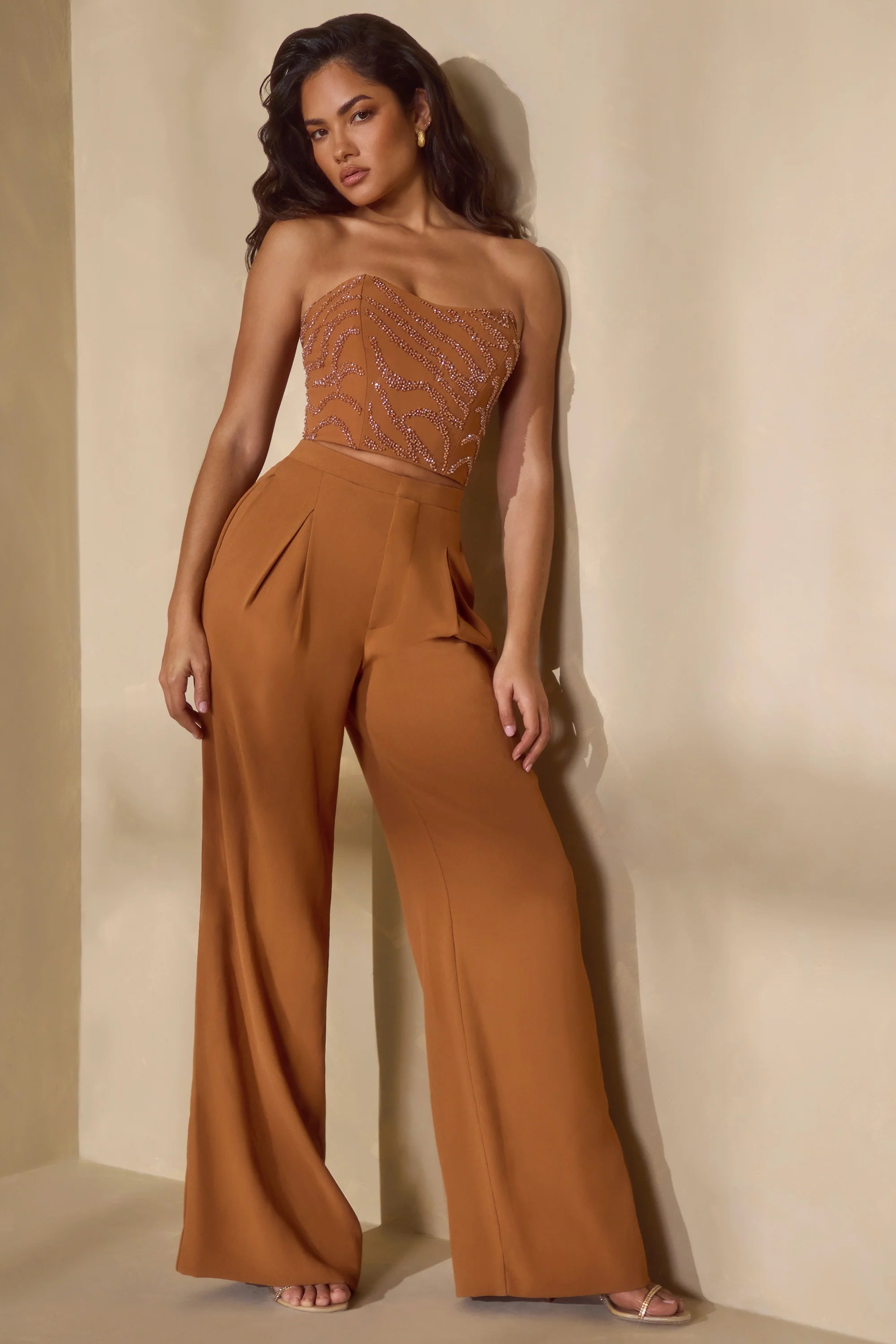 Embellished Bandeau Corset Top in Caramel