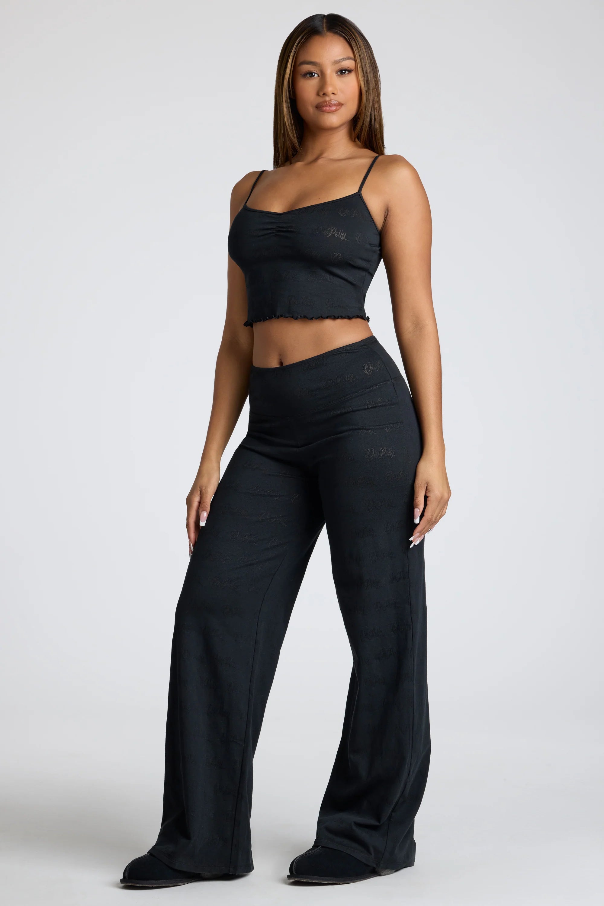 Strappy Ruched Pointelle Crop Top in Black