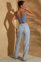 High Waist Wide Leg Cargo Trousers in Light Blue