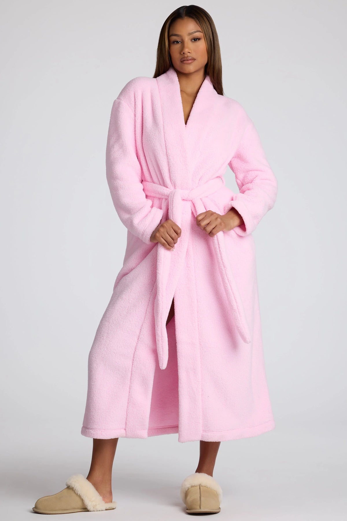 Tie Front Fleece Robe in Baby Pink