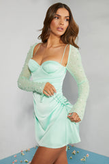 Long Sleeve Embellished A-line Mini Dress in Mint