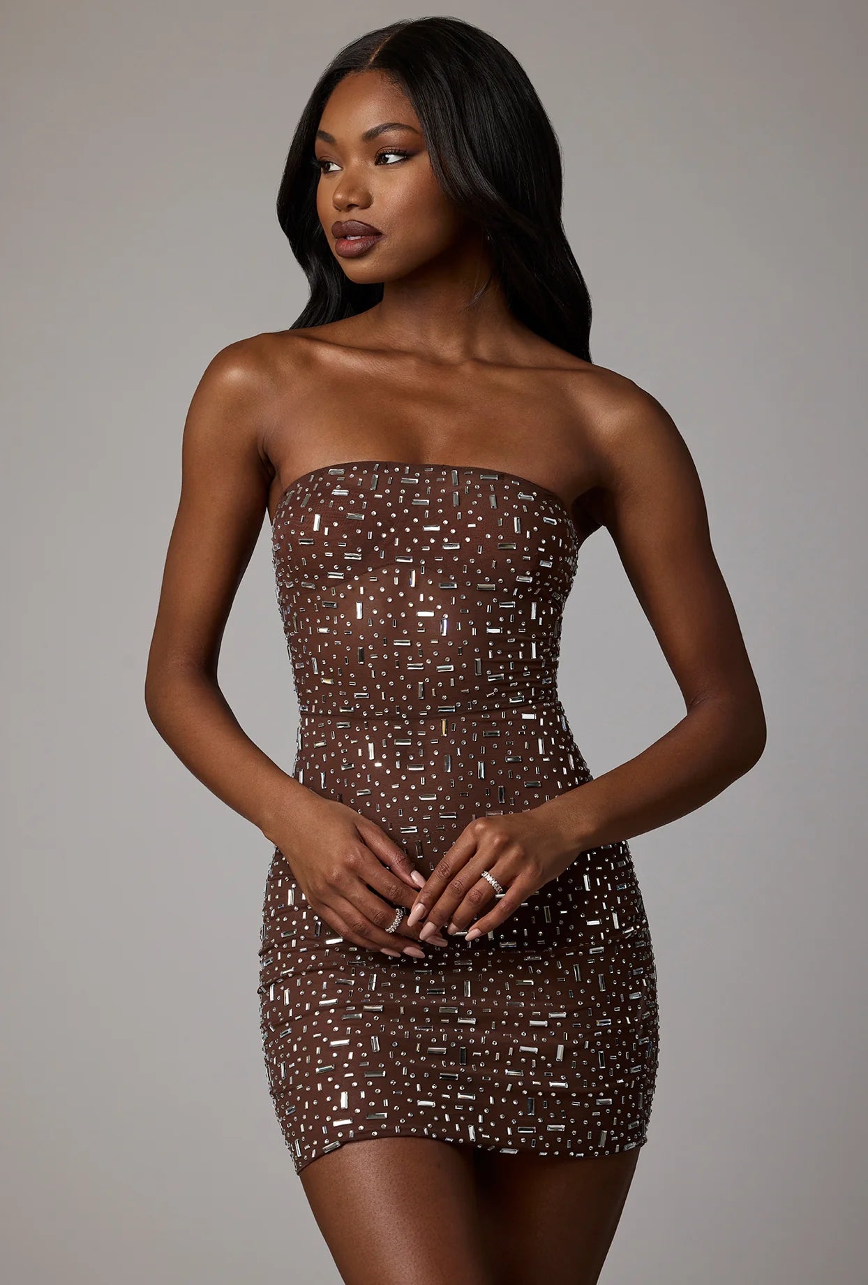 Sheer Embellished Bodycon Mini Dress in Deep Cocoa