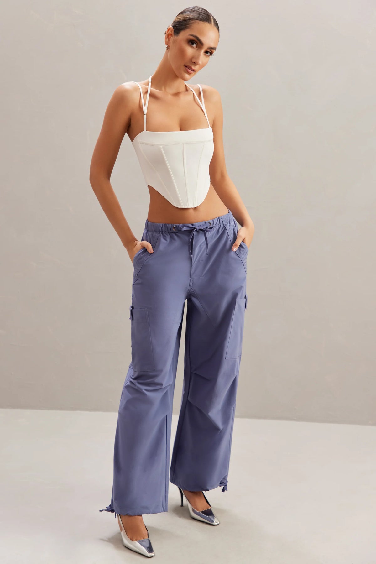 Wide Leg Cargo Trousers in Dusty Blue