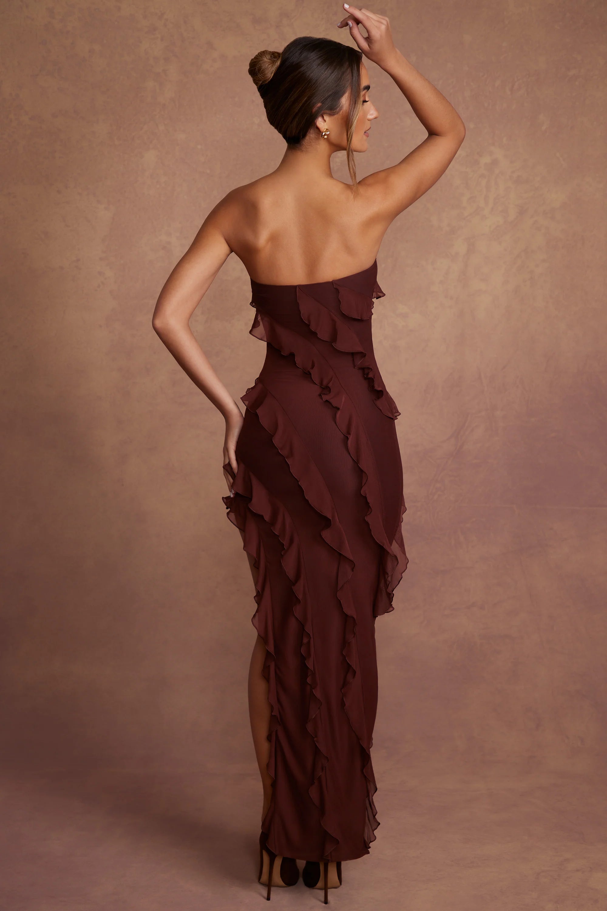 Bandeau Ruffle Detail Maxi Dress in Brown