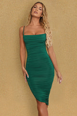 Cowl Neck Ruched Bodycon Midi Dress in Green