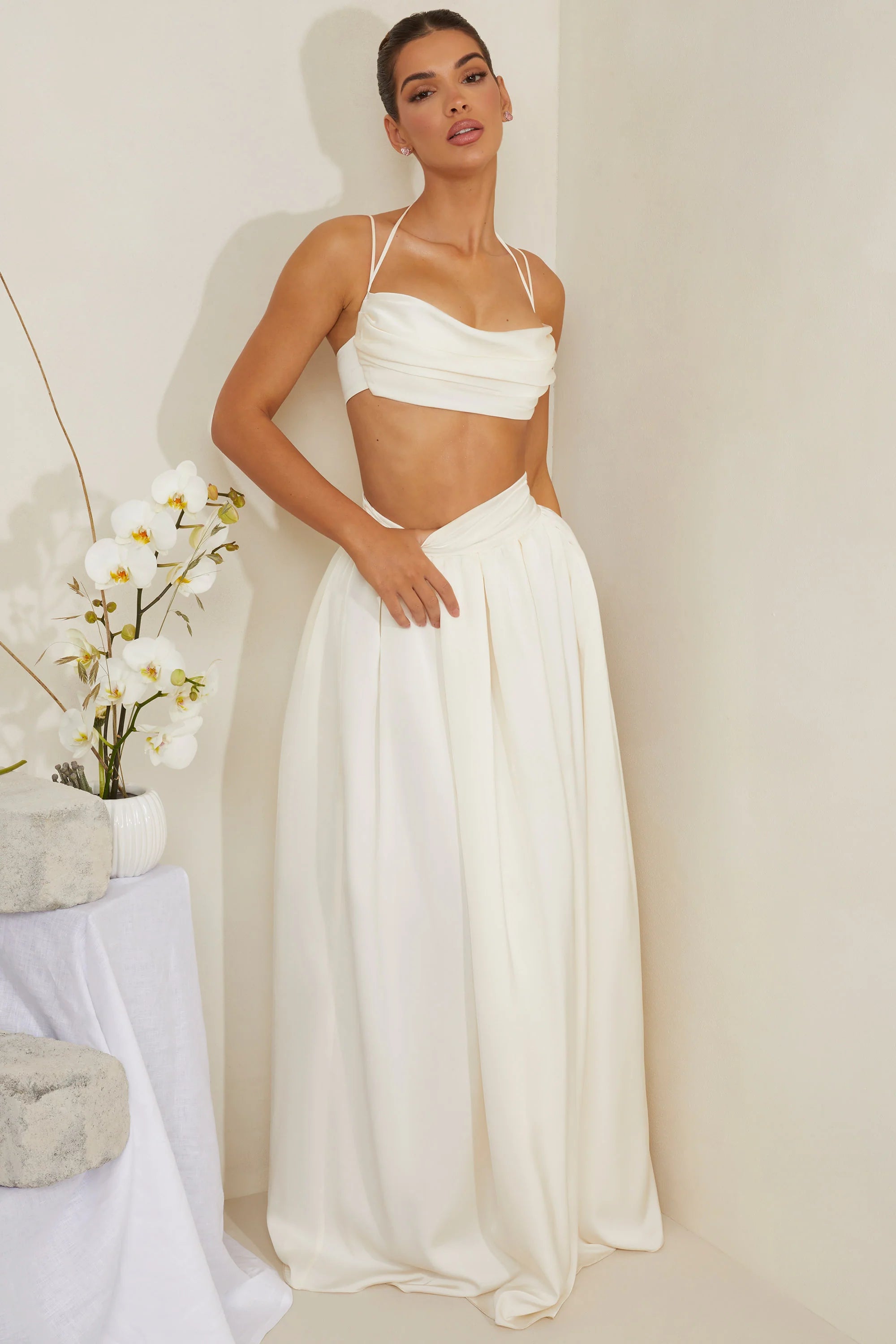 Cowl Neck Heavy Satin Crop Top in White