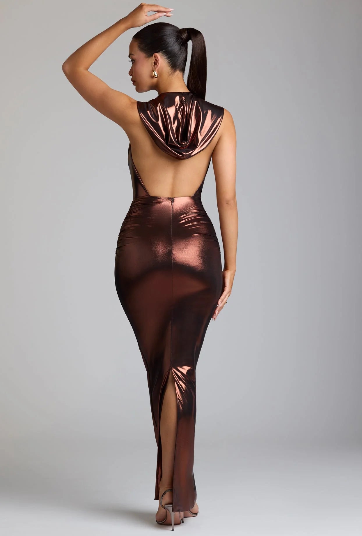 Hooded Metallic Jersey Evening Gown in Copper Bronze