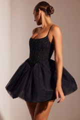 Mini abito con gonna in tulle con corsetto decorato in nero