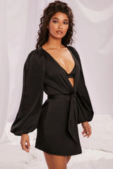 Satin Balloon Sleeve Robe in Black