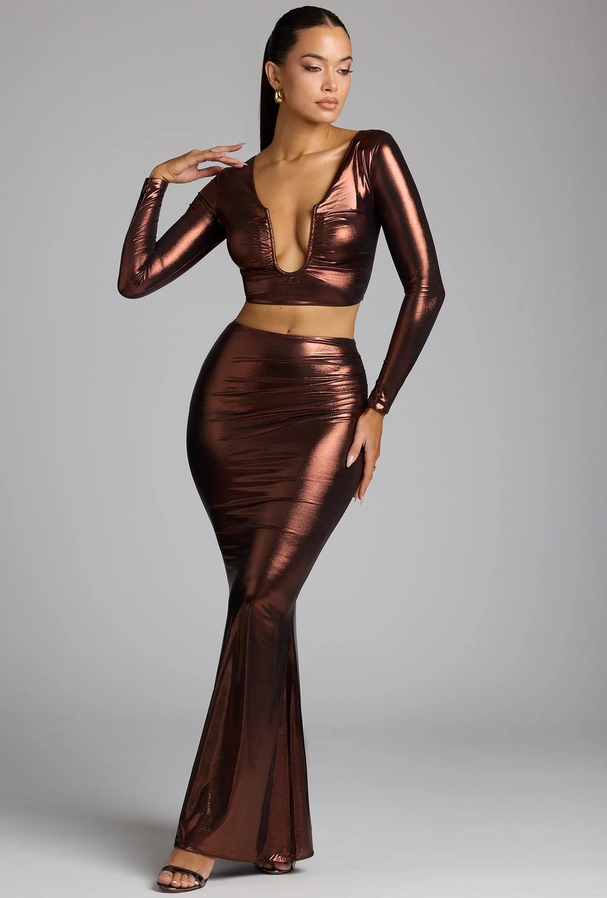 Plunge Neck Metallic Jersey Crop Top in Copper Bronze