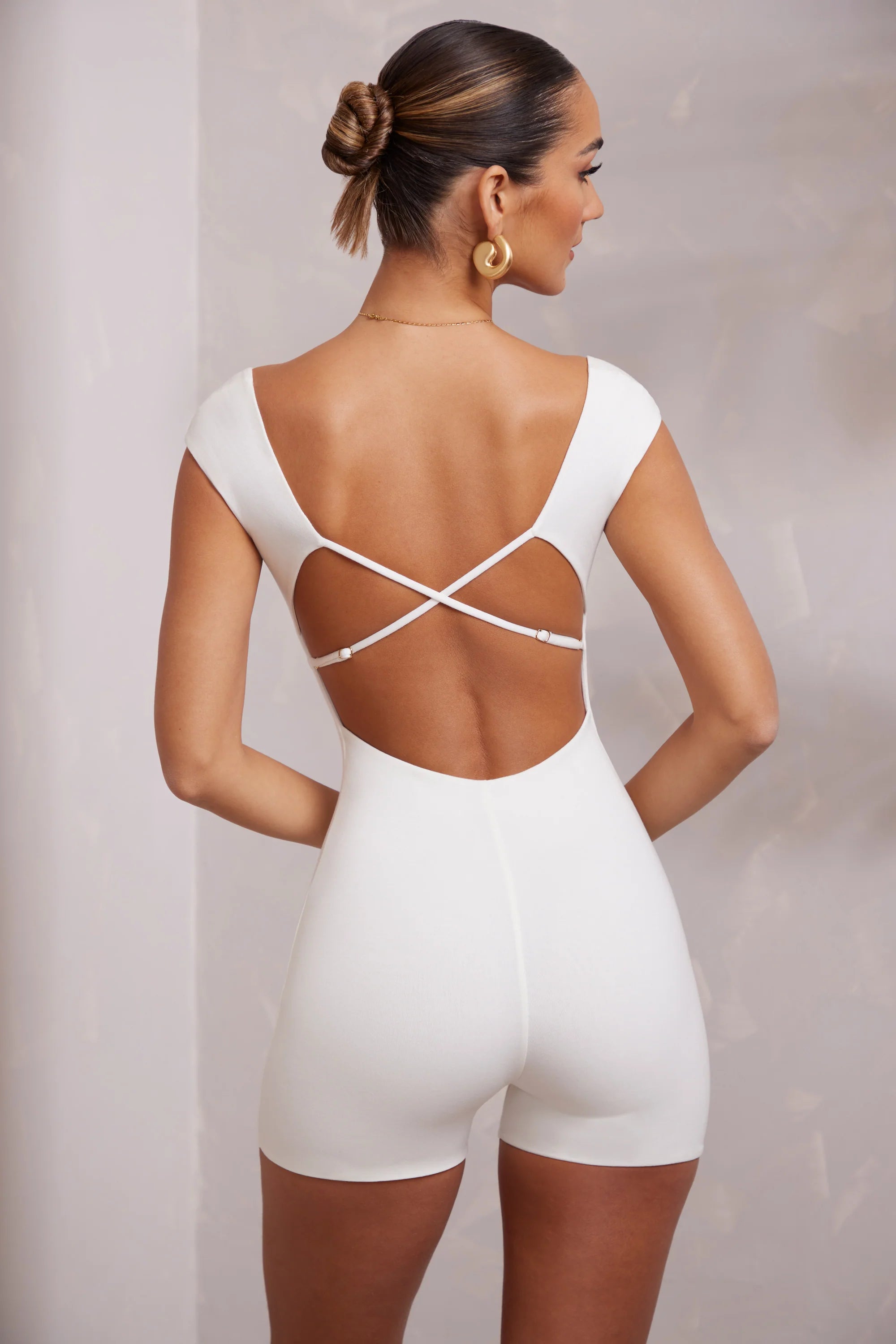 Open Back Scoop Neck Unitard in White