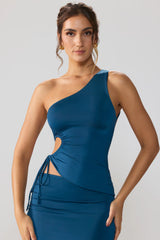 Anschmiegsames Jersey-Top mit gerüschtem Cut-Out und One-Shoulder-Träger in Mitternachtsblau