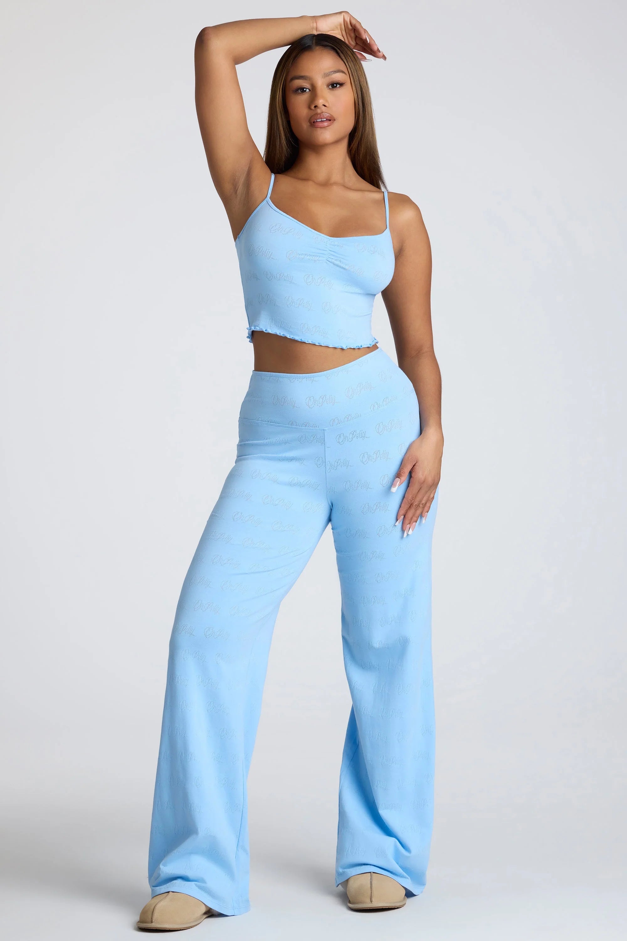 Strappy Ruched Pointelle Crop Top in Baby Blue