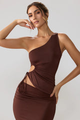 Anschmiegsames Jersey-Top mit gerüschtem Cut-Out und One-Shoulder-Träger in Espresso