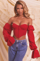 Chasing Love Bardot Long Sleeve Crop Top in Red