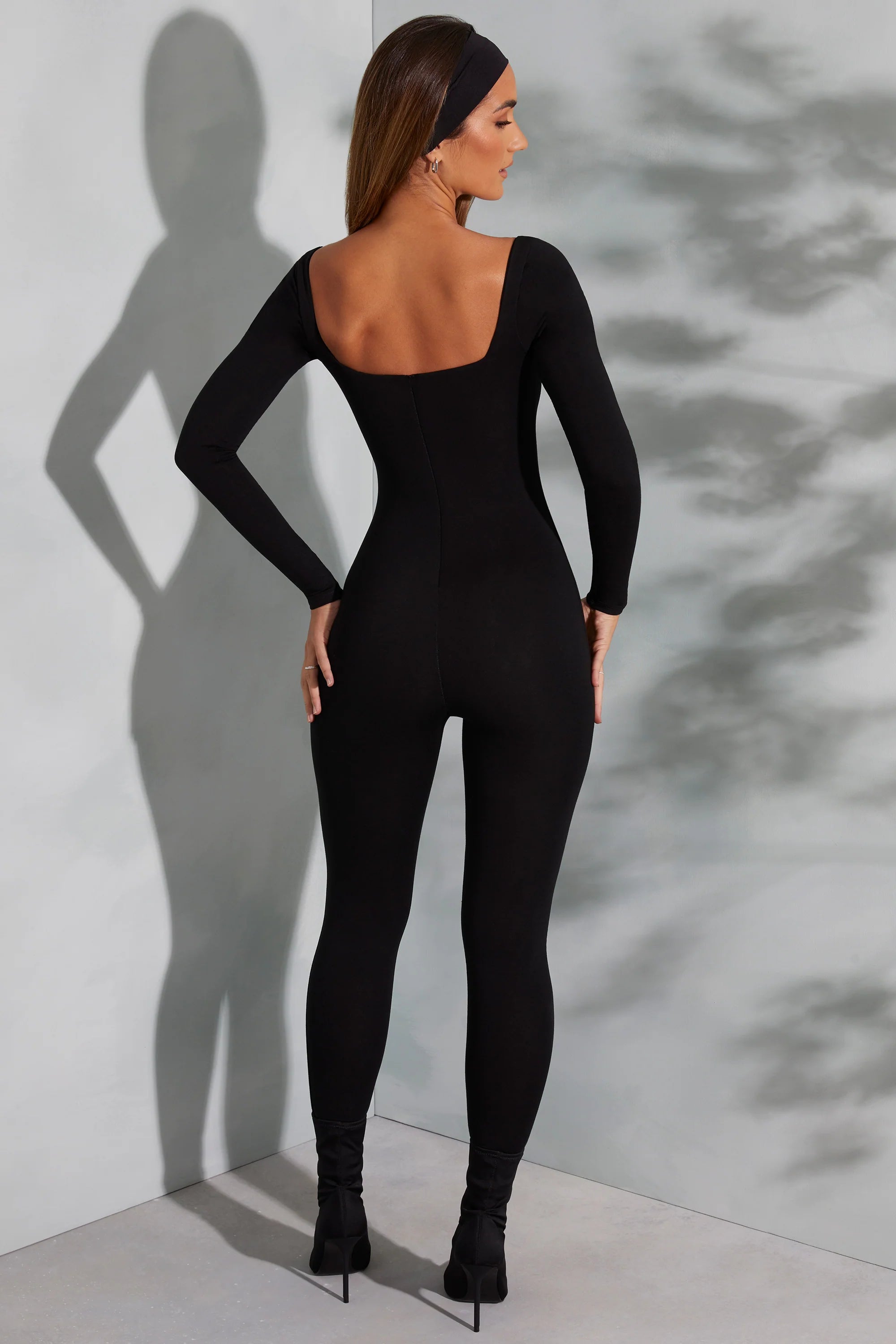 Square Neck Long Sleeve Jumpsuit in Black