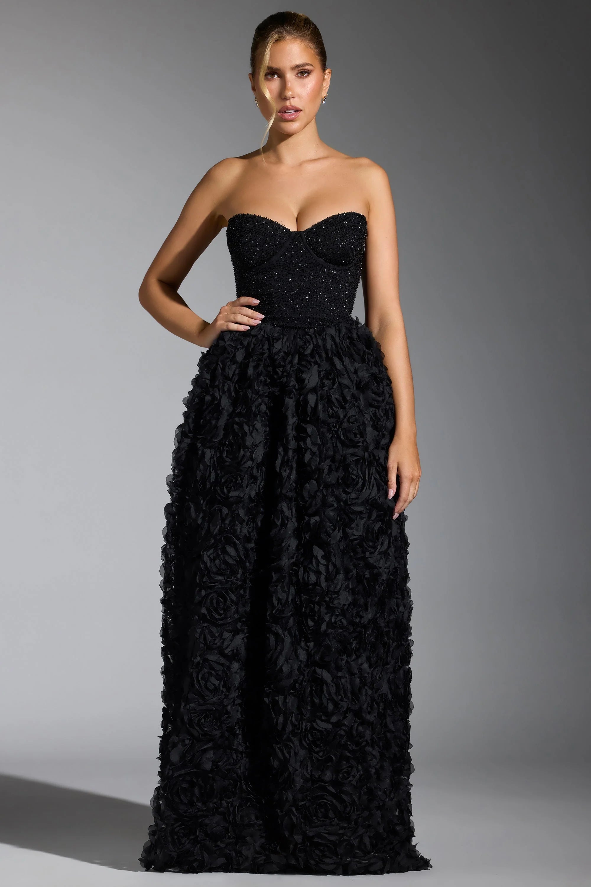 Embellished Floral-Appliqu¨¦ Corset Gown in Black