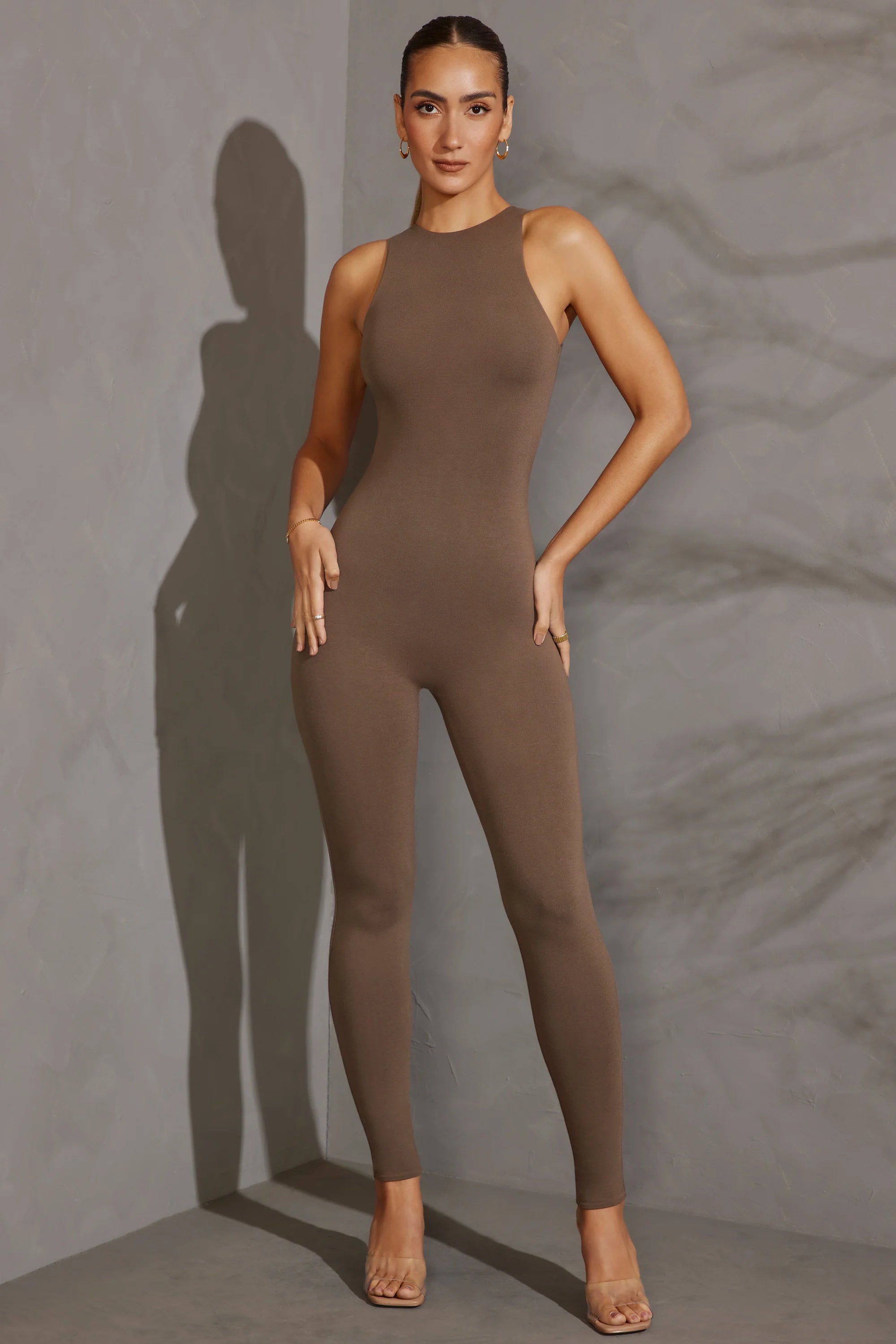 Racer Neck Jumpsuit in Taupe