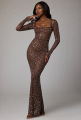 Sheer Embellished Long Sleeve Evening Gown in Deep Cocoa