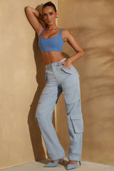 High Waist Wide Leg Cargo Trousers in Light Blue