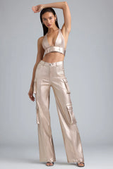 Metallic Denim Belted Crop Top in Champagne